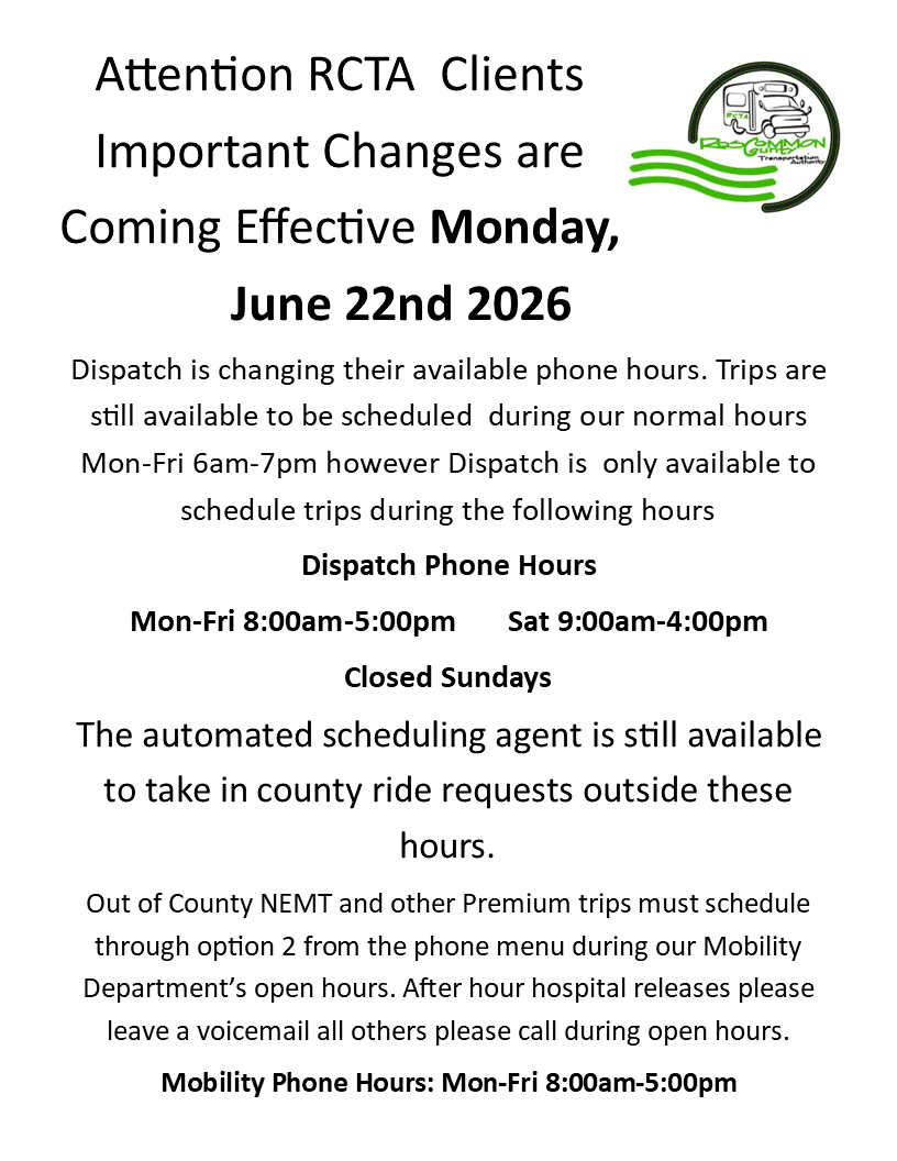 Dispatch Phone Hours Changing to Mon-Fri 8:00am-5:00pm Sat. 9:00am-4:00pm Closed Sundays